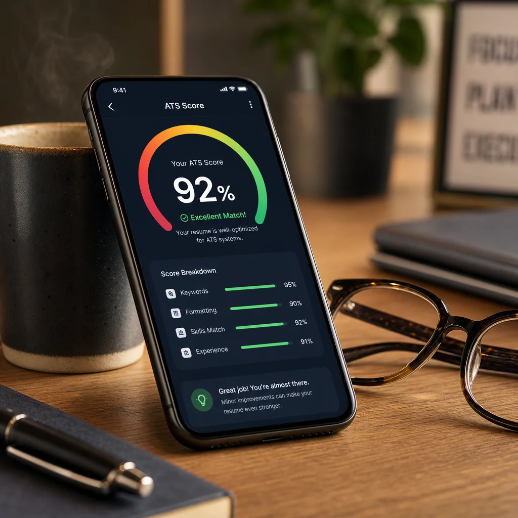 A close-up of a smartphone showing an ATS score ring in a resume-building app beside a coffee cup and reading glasses on a desk