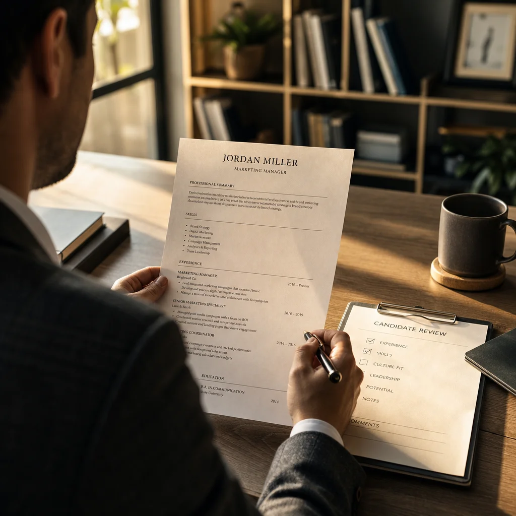 A professional reviewing a paper resume with a checklist at a modern office desk, with a bookcase in the background and warm window light