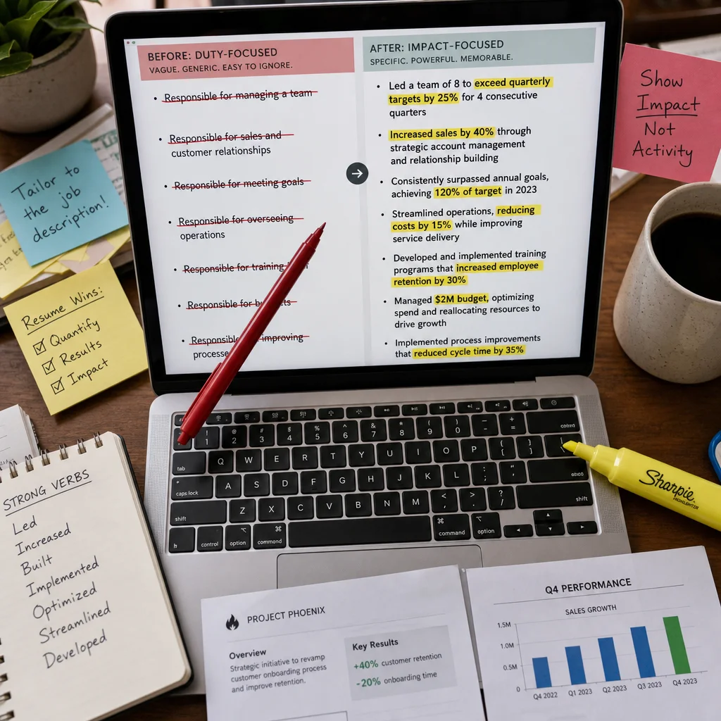 Close-up overhead view of a workspace desk with a laptop showing a before-and-after resume bullet point transformation, a red pen crossing out weak duty-based phrases and a marker highlighting strong quantified achievements