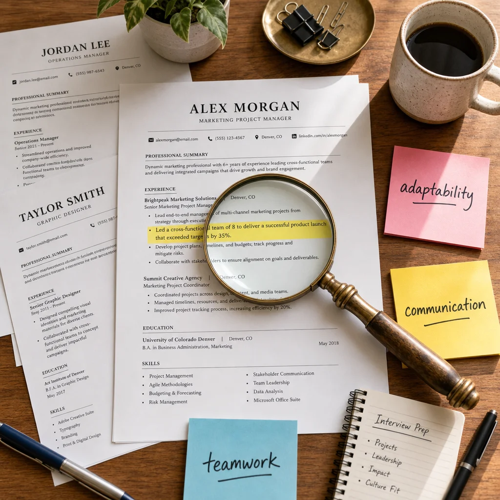 Flat-lay view of a wooden desk covered with printed resume pages, a magnifying glass hovering over a highlighted bullet point, and sticky notes labeled with soft-skill keywords like adaptability and communication