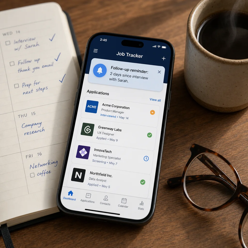 A warm flat-lay illustration of a smartphone showing a job tracker app with a notification banner that says "Follow-up reminder: 2 days since interview with Sarah," surrounded by a paper planner with checkmarks and a coffee mug, soft afternoon sunlight, close-up detail shot
