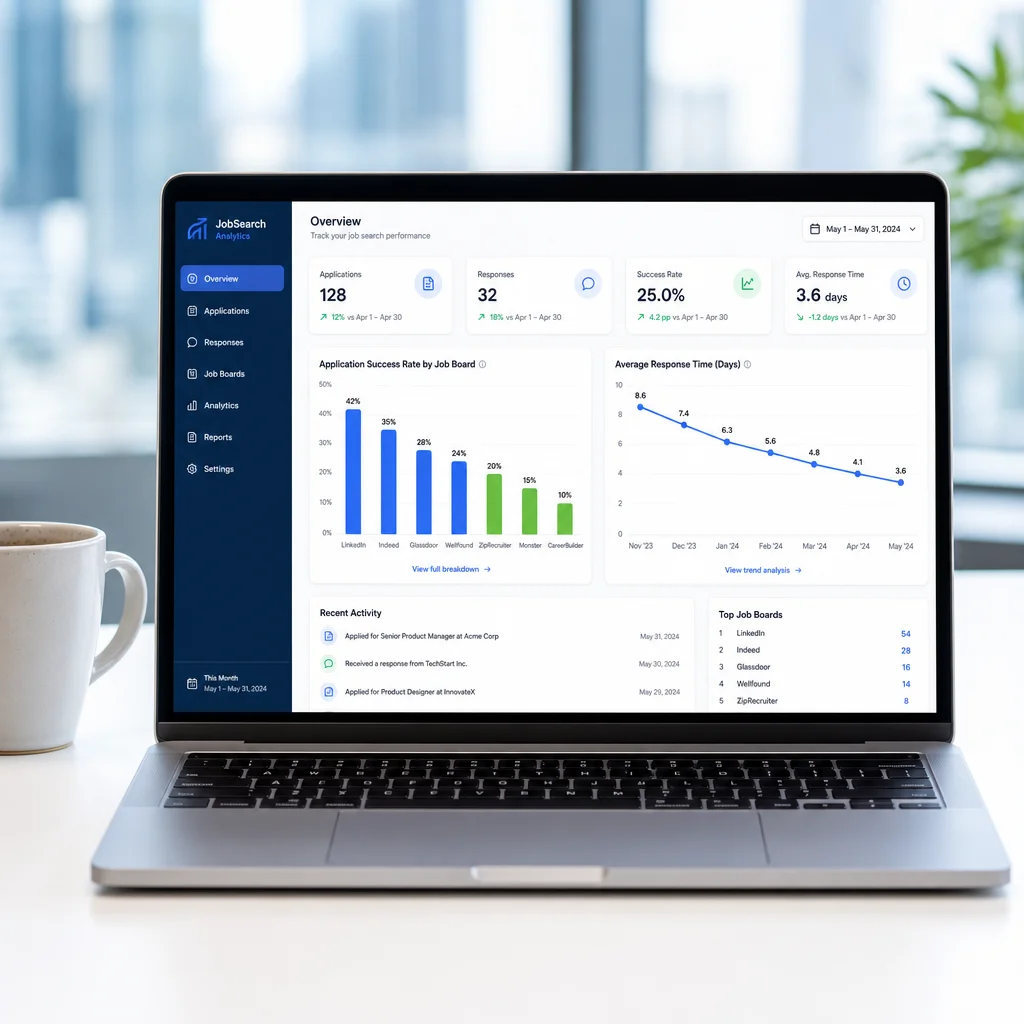 A clean data visualization mockup on a laptop screen showing a bar chart of application success rates by job board and a line graph of time-to-response, with a coffee cup beside the laptop and soft bokeh background, modern workspace setting, cool blue and green color palette