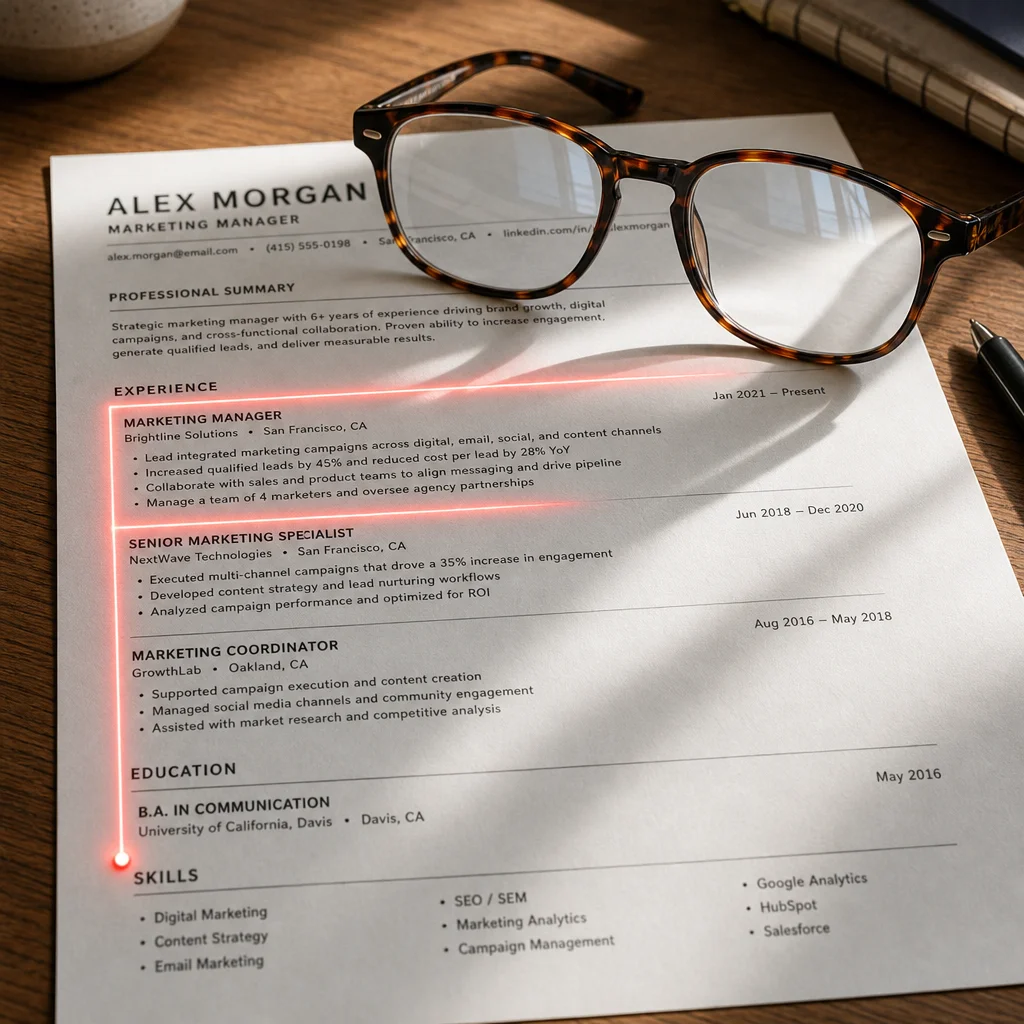 A close-up eye-level shot of a pair of reading glasses resting on a printed resume on a wooden desk, with a red dot tracing an F-shaped path across the text. Soft natural light from a window.
