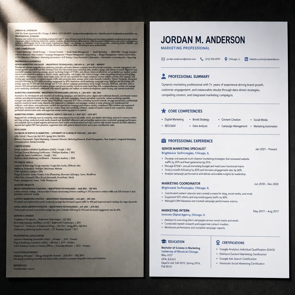 A before-and-after split composition showing two resume excerpts side by side: the left side is dense, cluttered, with tiny text and no white space; the right side is clean, spacious, with clear bold headers and bullet points. Moody editorial lighting.